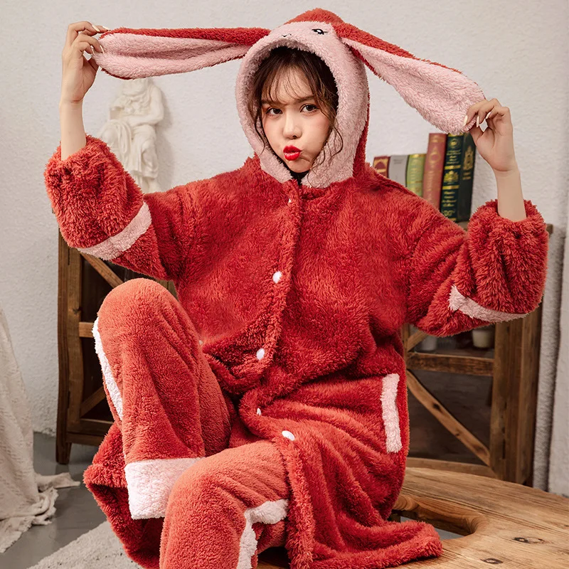 Kawaii Animal Rabbit Pajamas Sets Womens Winter Warm Flannel Thickened Nightgown Suit Hooded Long Bathrobe Set Lovely Sleepwear