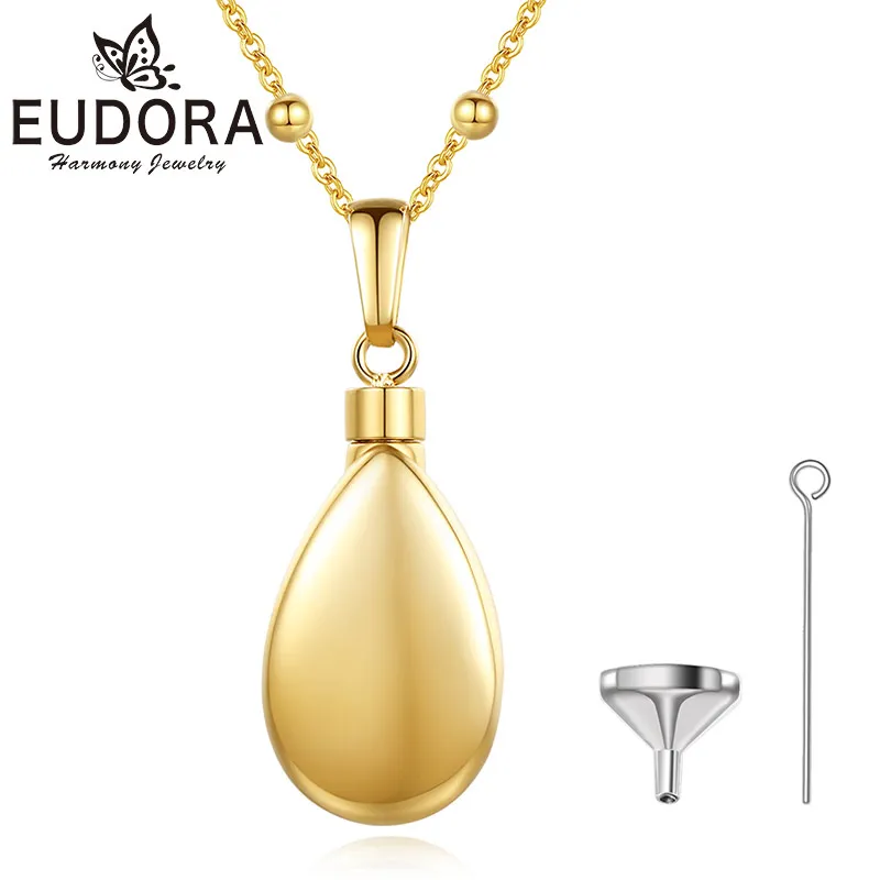 

Eudora Water Drop Pendant Necklace Gold Color Stainless Steel Cremation Ashes Memorial Box Fine Jewelry Men's Women's Gift KG005