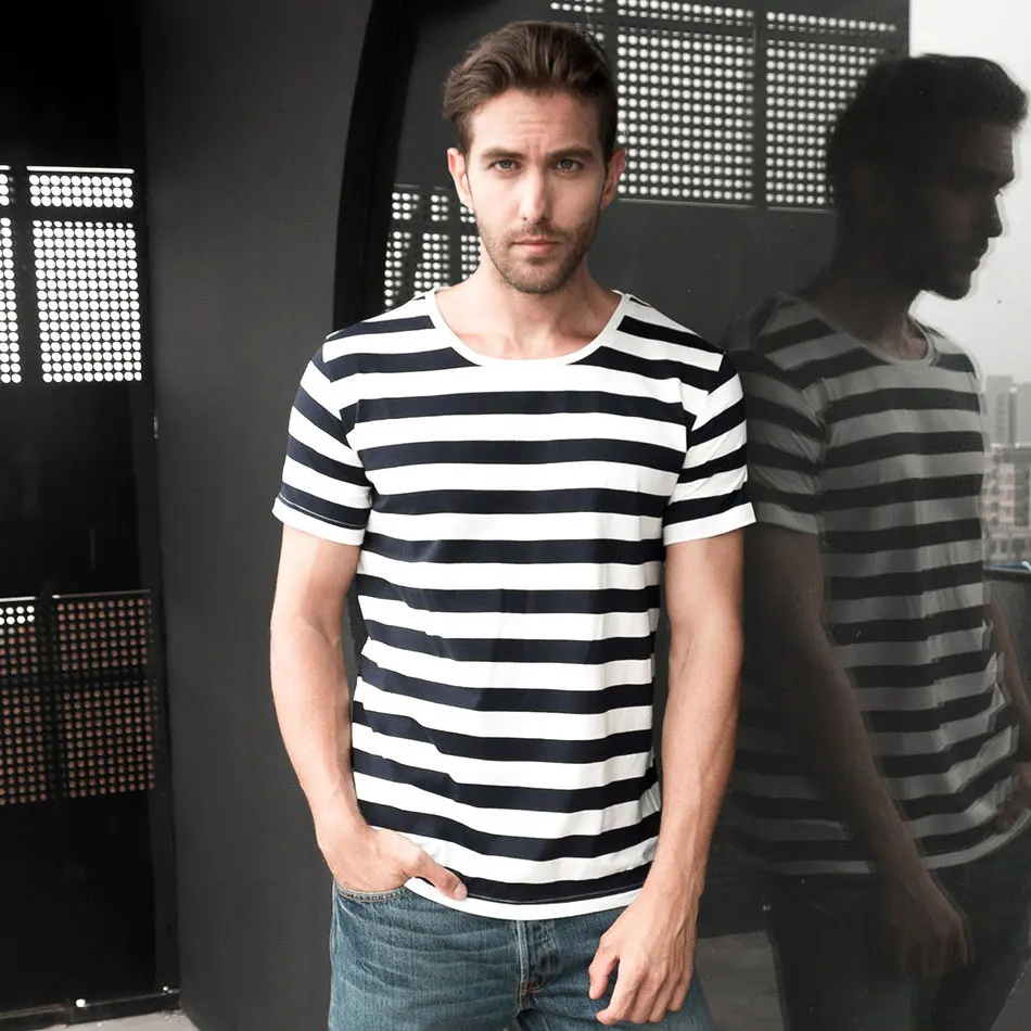 

7543 Marine Gestreepte Sailor T-Shirt Mannen Zomer Zwart-wit Gestreepte Losse T-shirt Mannen Horizontale Zee Stijl