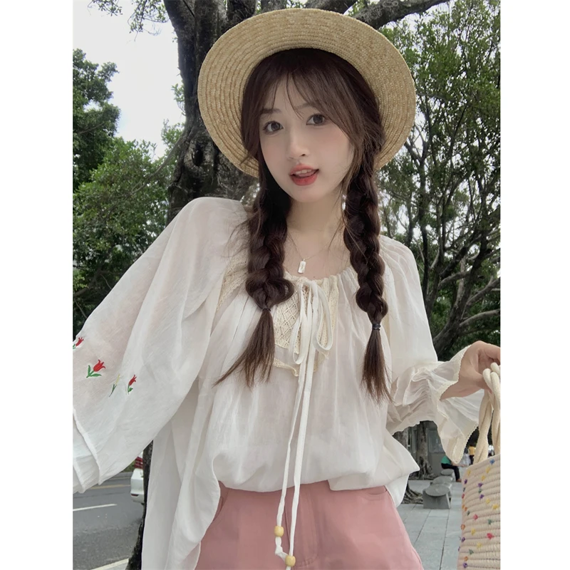 Sweet heavy industry embroidered sunscreen shirt women's summer 2022 new design thin lace up long sleeve air conditioning blouse