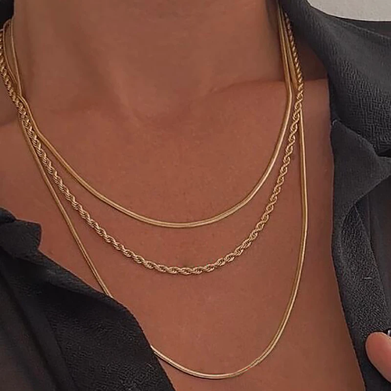 AOMU Vintage Fashion Bohemia Gold Color Three-layer Geometric Twist Metal Snake Chain Set Pendant Necklace for Women Jewelry