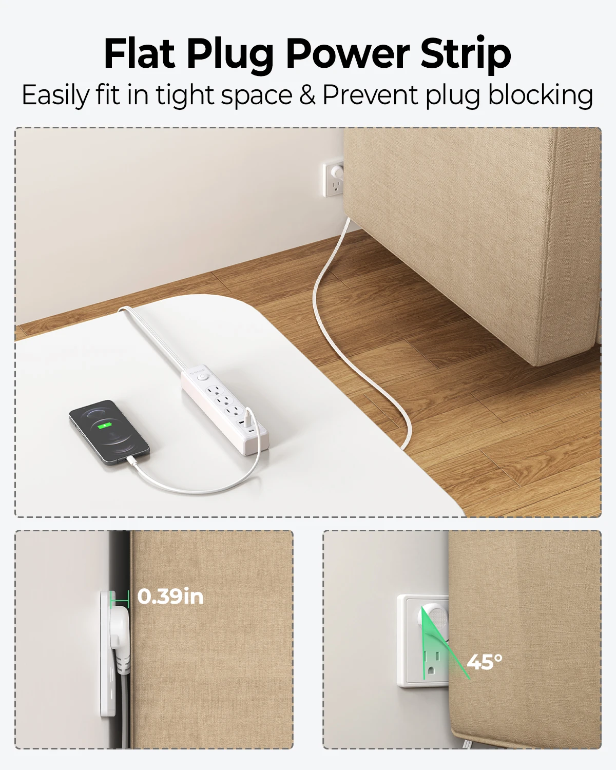 Фото ORICO 6-в-1 USB C удлинитель с плоской вилкой 3AC 2USB-C QC15.5W для путешествий, домашнего офиса, 7 защитных устройств ​ №2