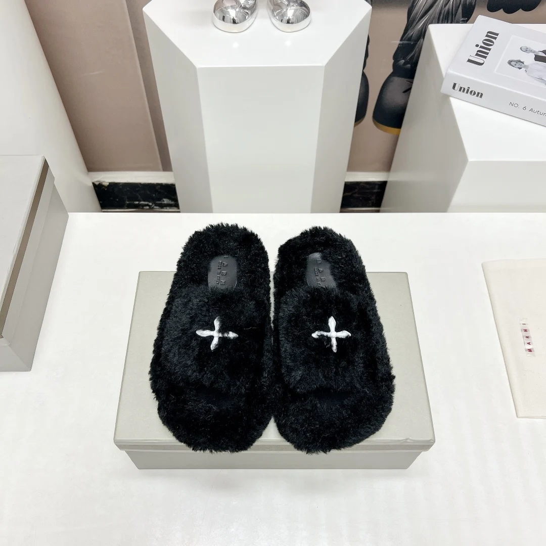 

Роскошные Брендовые женские тапочки Marni Harajuku, черные однотонные шерстяные теплые пушистые тапочки, кавайная уличная одежда, толстая обувь для женщин