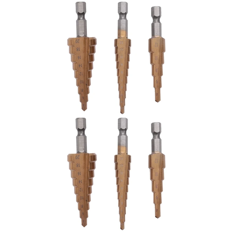

New 6Pc Hss Step Cone Taper Drill Bit Set Metal Hole Cutter Metric 3-12 4-12 4-20Mm 1/4 Inch Titanium Coated Metal Hex Taper