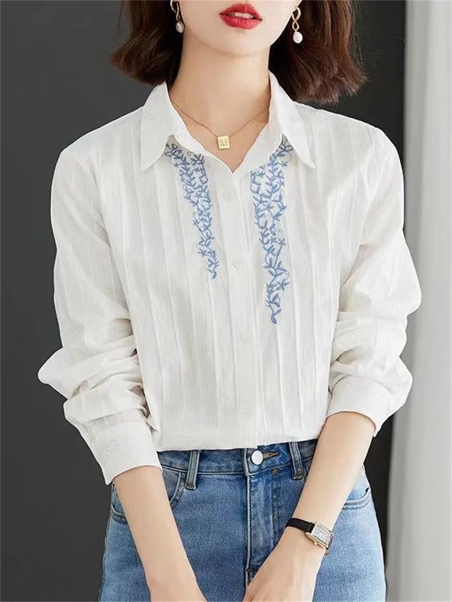 

Woman Spring Autumn Style Cotton Blouses Tops Lady Casual Long Sleeve Turn-down Collar Embroidery Blusas Tops ZZ1421
