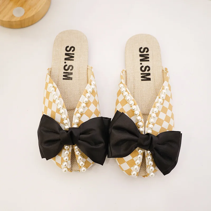 

Шлепанцы женские на плоской подошве, клетчатые сандалии с бантом, дышащие, уличная одежда, Дамская обувь на весну-лето