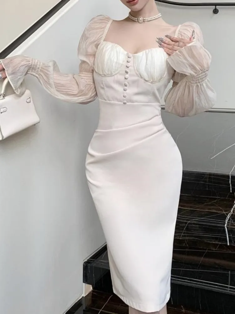 Женское вечернее платье миди с пышными рукавами