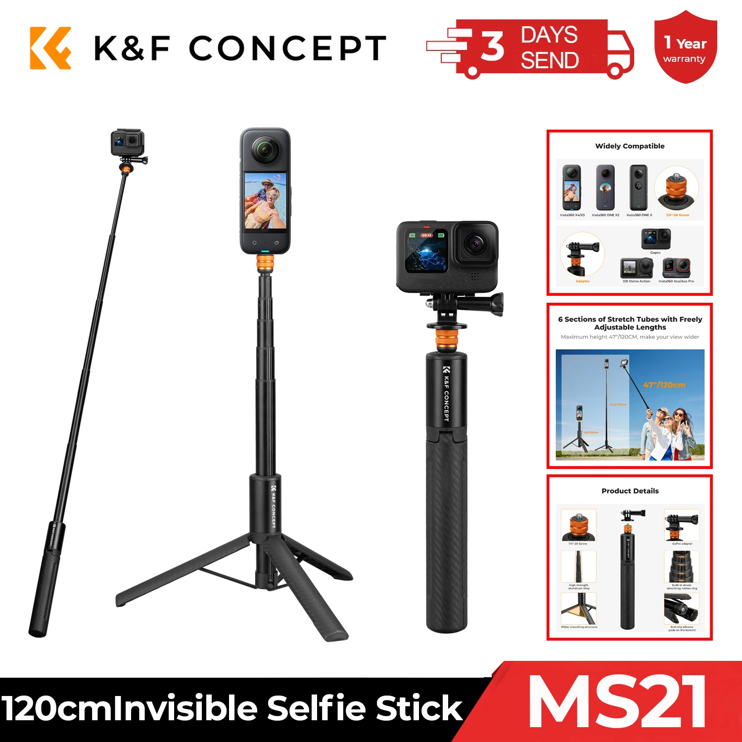 Фото K&F Concept 120 см невидимая палка для селфи удлинитель длинный полюс для спортивной камеры Insta360 GoPro DJI OSMO Pocket 3 удлиненный монопод №1