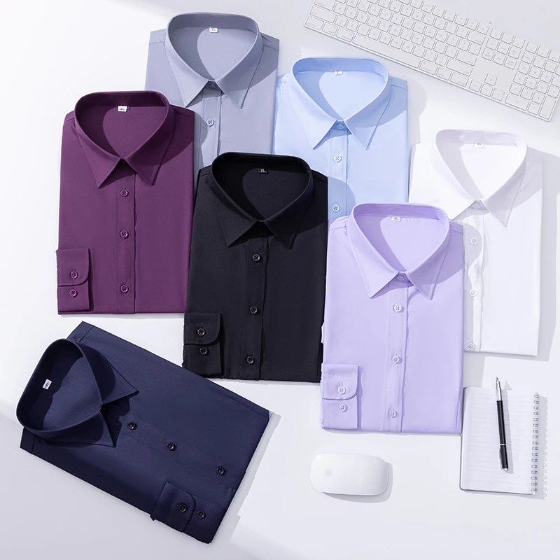 Mens Business Formal Shirt  Solid Fabric  Long Sleeve for Office Work Wear Blouse Color White Blue High Quality Male Career