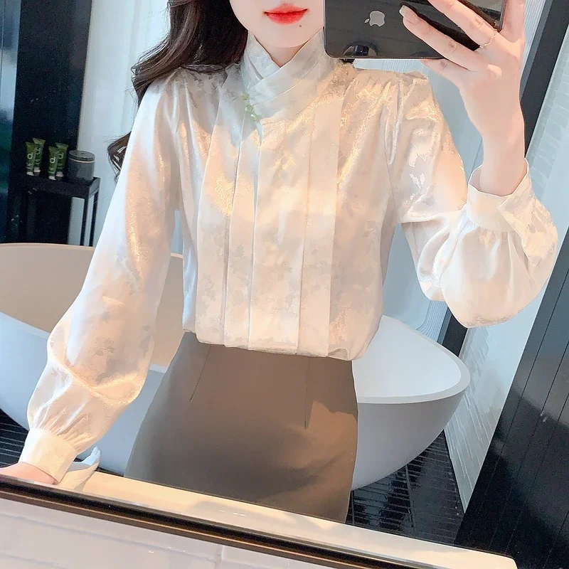 Модная женская рубашка с длинным рукавом и воротником-стойкой белая жаккардовая