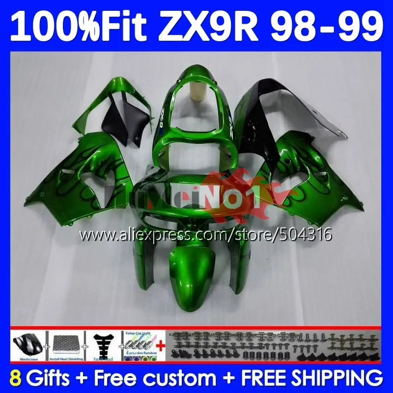 

OEM Body For KAWASAKI NINJA ZX 9R 900 CC 9 R ZX9 R 83MC.22 ZX900 900CC ZX-9R ZX9R 98 99 1998 1999 Injection Fairing green flames