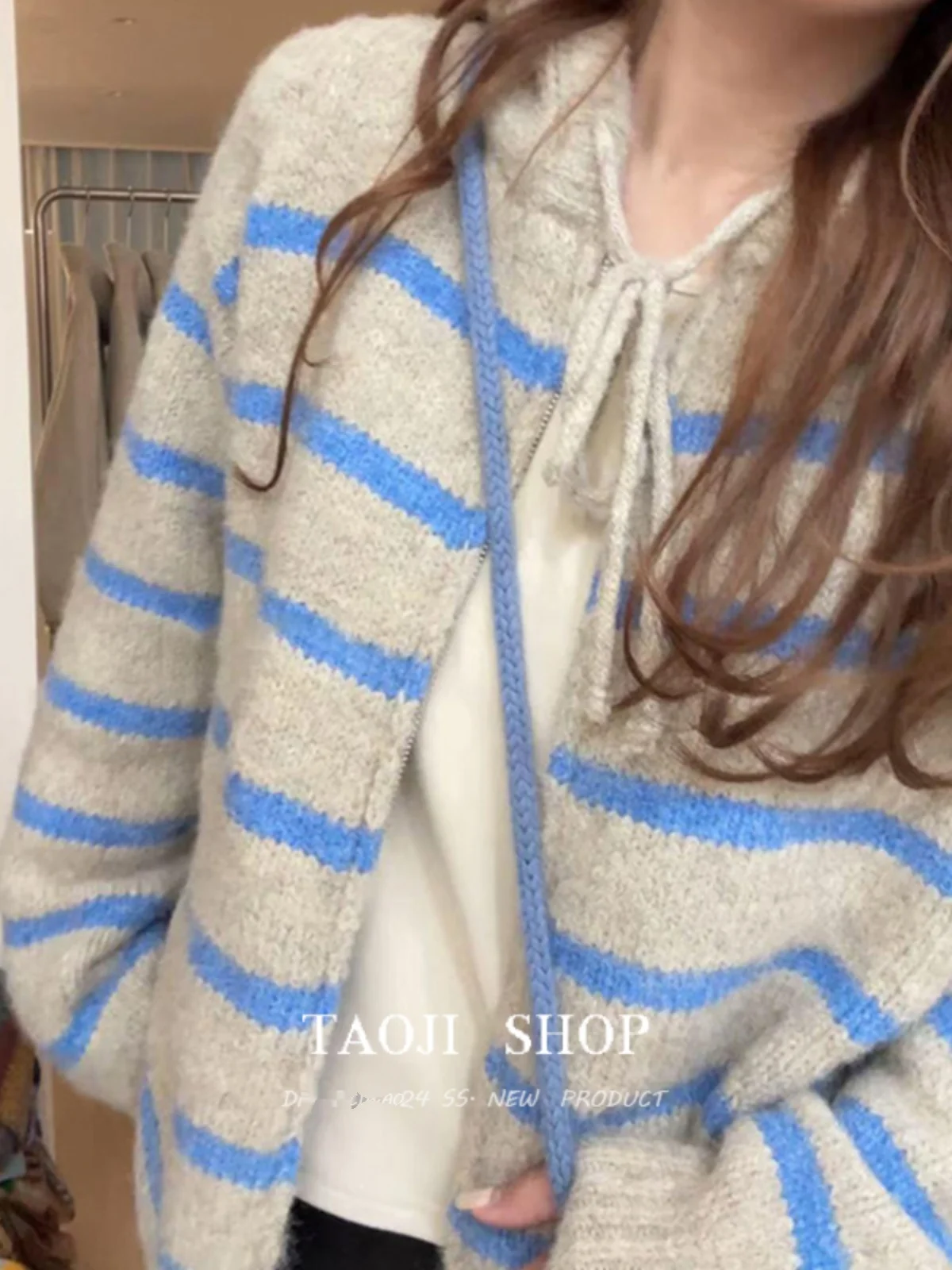 Korean Series Idle Sle Contrast Color Stripe Hood Long sleeve Sweater Outerwear Women Autumn and Winter New Loose Thick Kni...