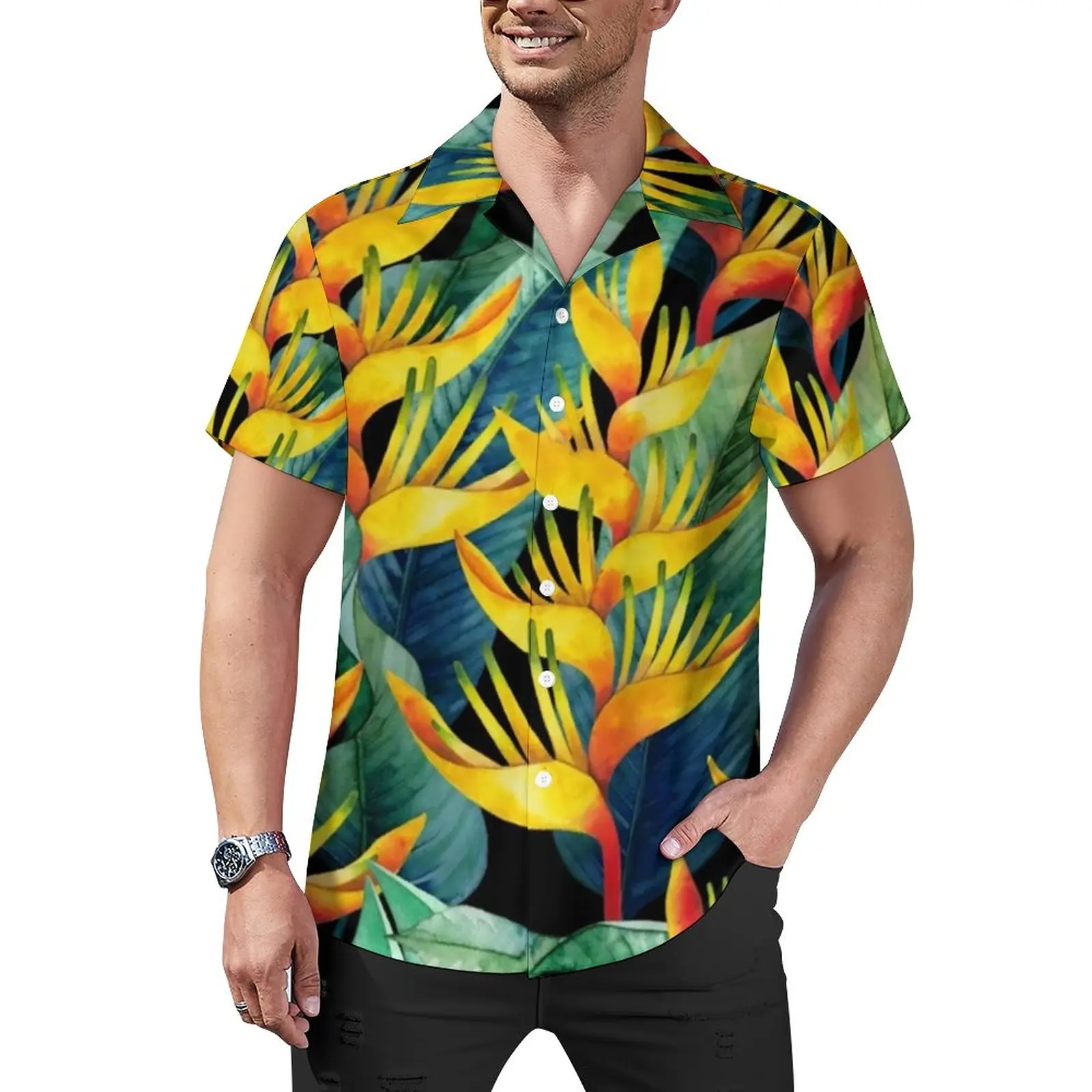 

Tropical Floral Casual Shirt Watercolor Heliconia Beach Loose Shirt Summer Cool Blouses Short-Sleeved Design Oversized Clothes