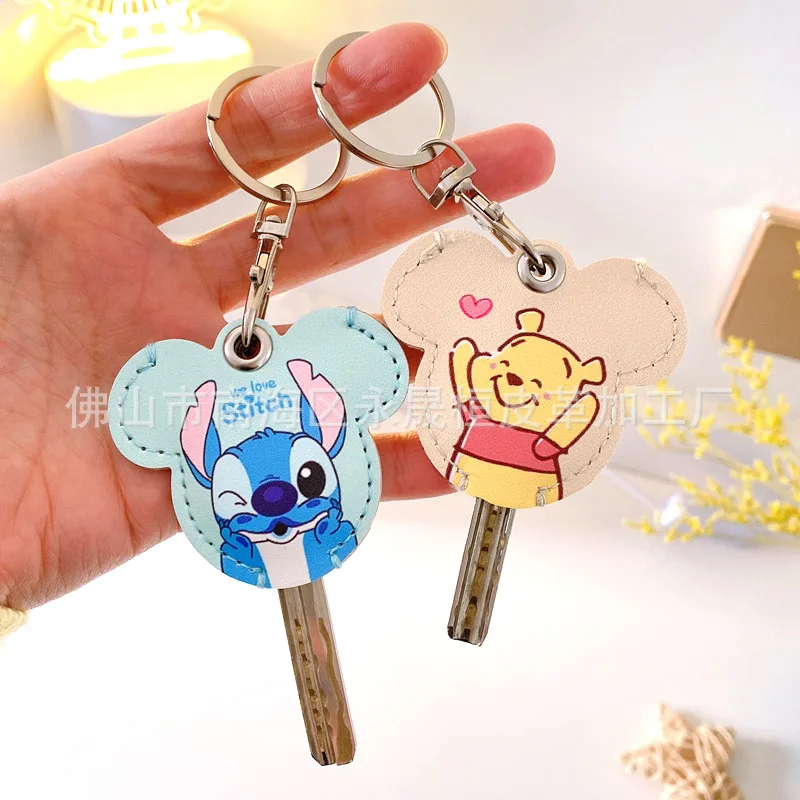 

Disney Key Protection Case Leather Stitch Mickey Minnie Key Holder Cute Anime Keychain Pooh Bear Car Keychain Anime Accessories