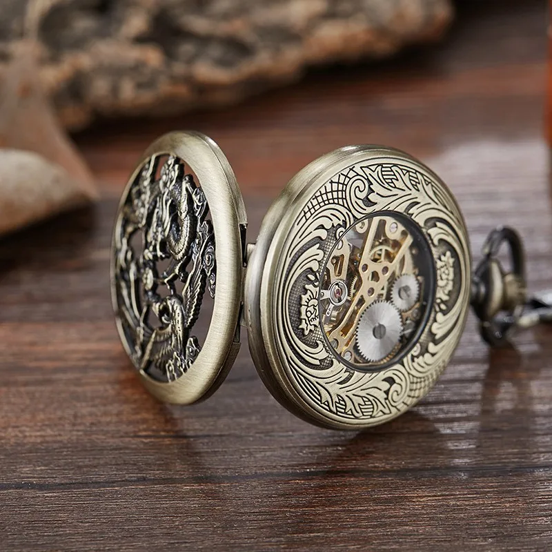 Chinoiserie Double Cranes Playing With Pearls Pattern Hollowed Out Relief Dragon Type Manual Mechanical Large Pocket Watch Clock