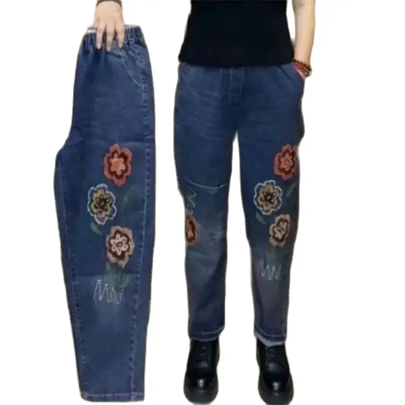 Джинсы с эластичной талией и вышивкой модные джинсы-шаровары синие свободные