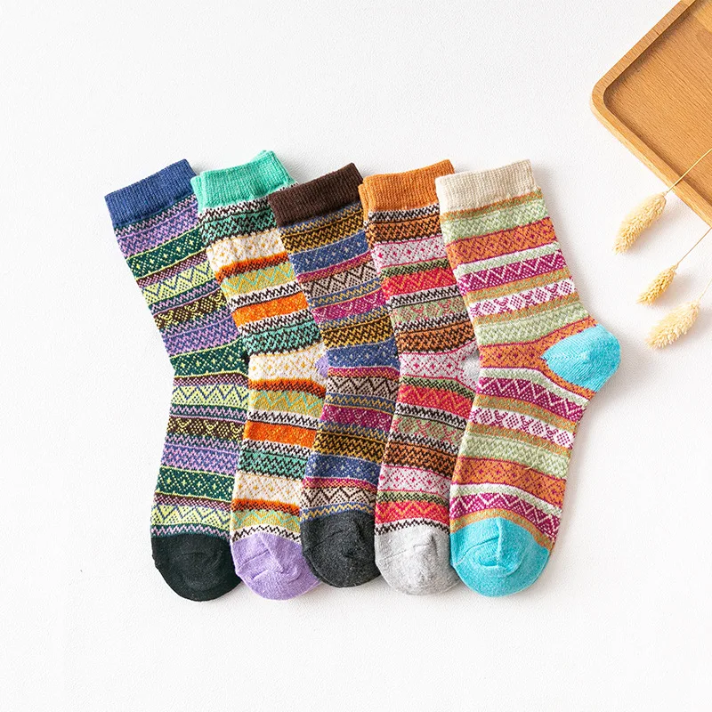 

5pairs Winter Thicken Thermal Women's Angora Wool Socks Wave Stripe Flower Socks