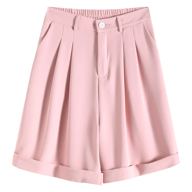 DFRCAEG 2023 Summer Bermuda Shorts For Women High Elastic Waist Wide Leg Loose Suit Pants With Pockets Crimping Half Pants Femme