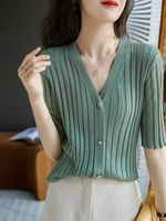 t shirt femme new striped tshirt women clothes knit cardigan ladies tops summer short sleeve tees 2022 v neck camisetas de mujer