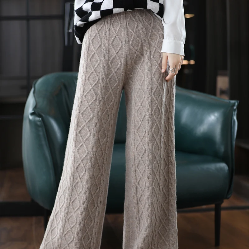 100% Pure Wool Wide Leg Pants Women's Diamond Plaid Retro Jacquard Casual Knitted Trousers Autumn  Winter Stretch Straight Pants