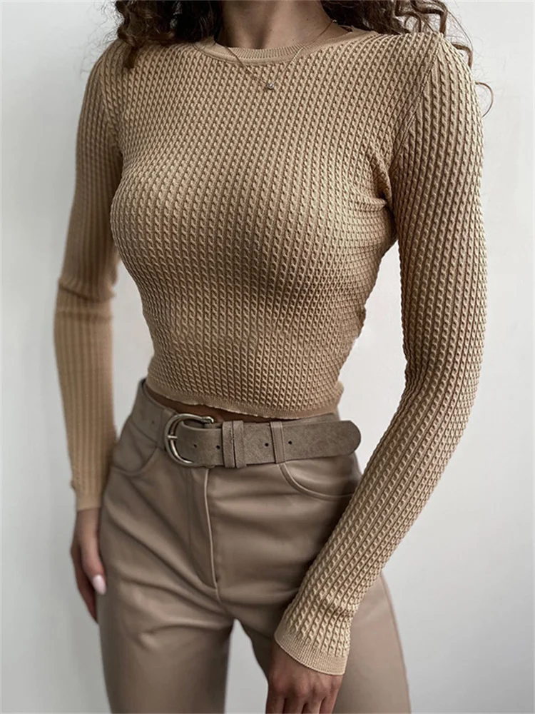 

Forefair Women O Neck Long Sleeve T Shirt Autumn Winter Casual Crop Top Skinny Basic Sexy Tees Y2K Streetwear Khaki 2022