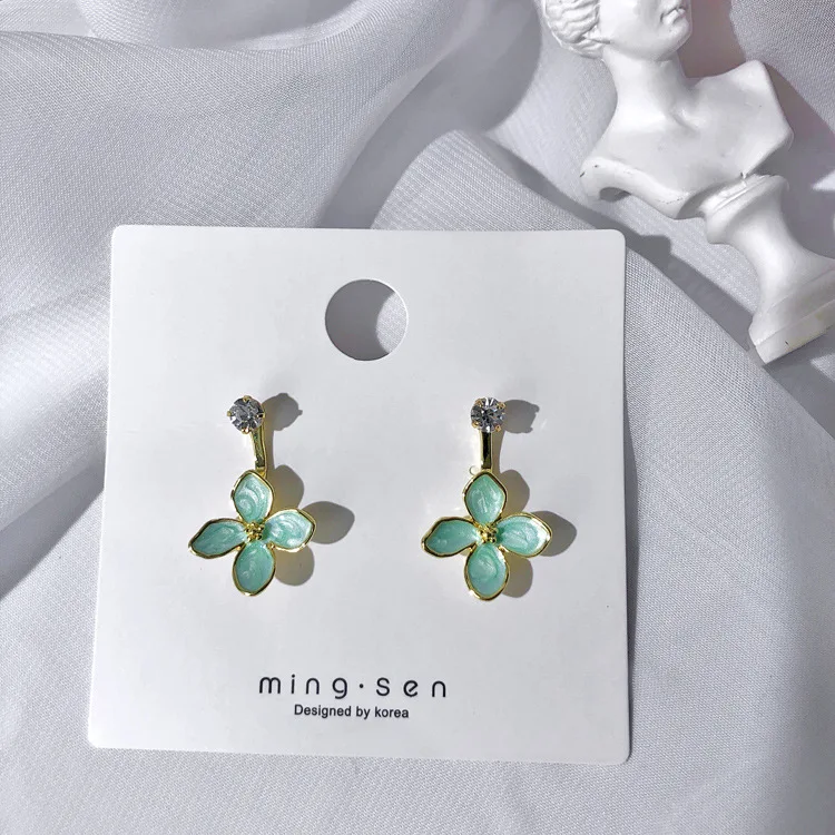 

2022 New Needle Back Hanging Type Two Wearing Cyan Four Leaf Petal Earrings Korean Temperament Net Red Small Fresh Earrings