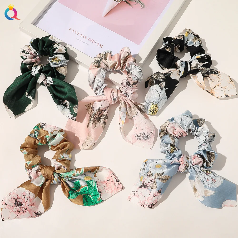 

Retro Flower Print Ribbon Rabbit Ear Elastic Hair Bands Solid Floral Ties Rubber Bands Scrunchies for Women Girls Accessories