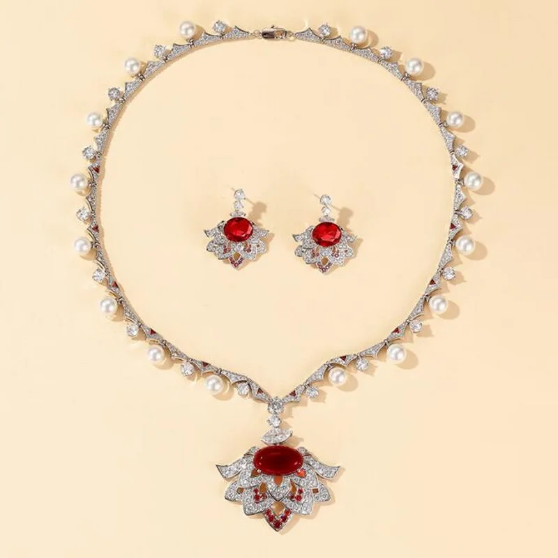 

Европейская и американская мода, высококачественные украшения для женщин, ожерелье, серьги с красным камнем из циркония и искусственным жемчугом