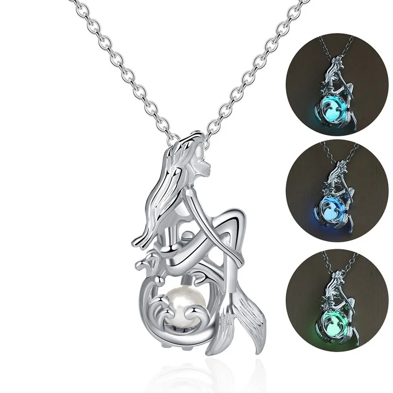 

Multicolor Cute Luminous Moonstone Pendant Necklace Mermaid Woman Necklace Fashion Personality Charm Jewelry Accessories Gift