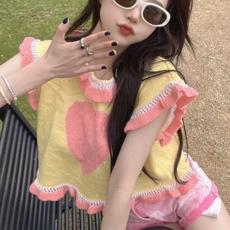Винтажный свитер жилет для женщин эстетический кавайный принт с оборками летняя