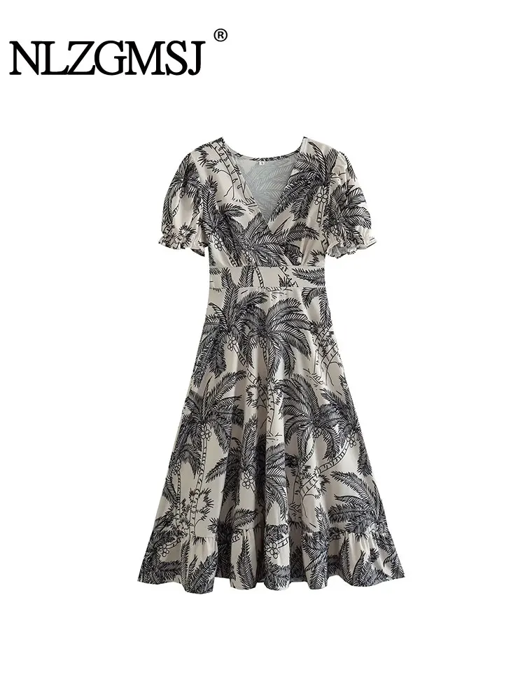 

Nlzgmsj TRAF Women Fashion High Waist Floral Print Midi Dress V Neck Short Sleeve Sexy Elegant Dress A Line Long Dress