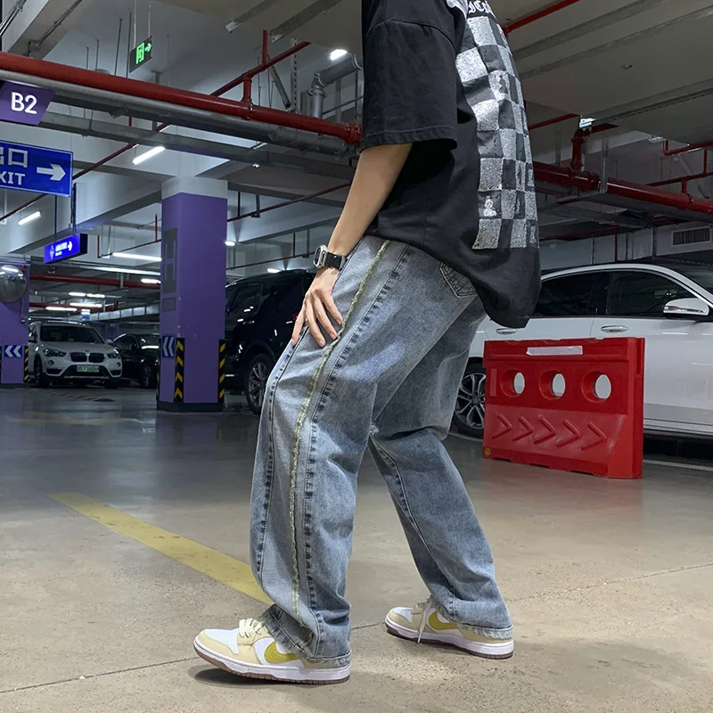 Solid Color Stitching Y2K Jeans Men's Straight Loose Pants Ins Tide Brand High Street Pendant Wide-leg Trousers Men Clothing