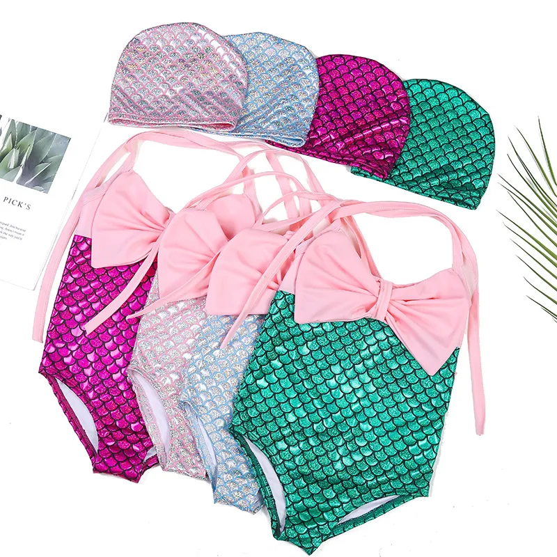 Girls Swimsuit with Bathing Cap Mermaid Fish Scales Bows One-piece Swim Suit Bikini Belly Covering Swimwear Hot Spring Beach