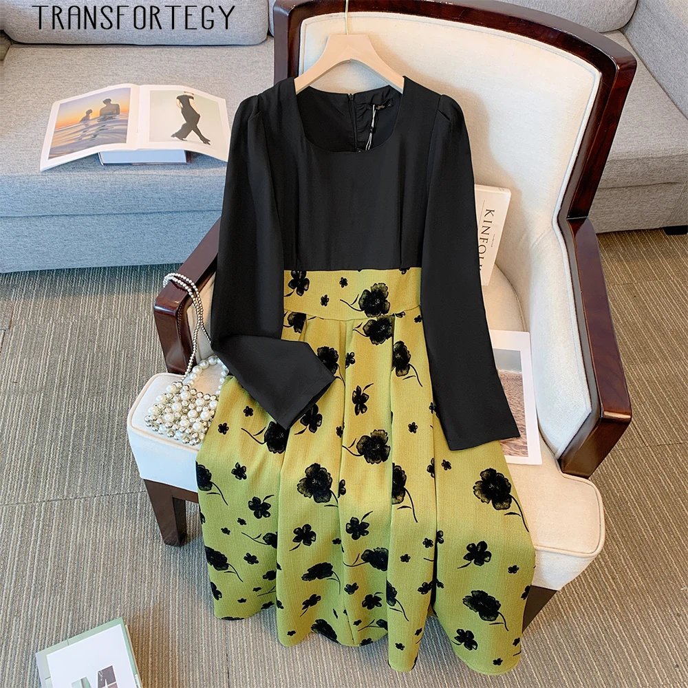 Весенне-осеннее женское повседневное платье больших размеров черно-зеленое