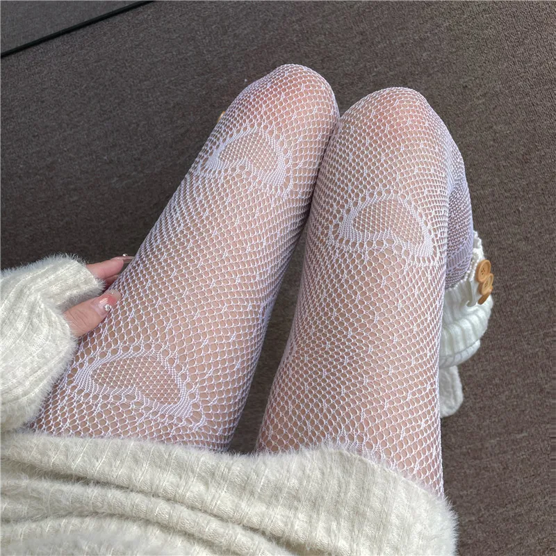 Heart Flower Mesh Kawaii Japanese Girl Lolita Ins Tights Stockings White Fishnet Pantyhose for Women Spring Summer Leg Stocking