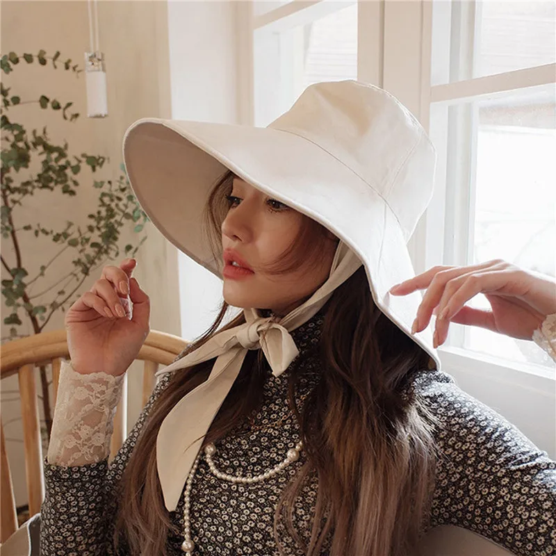 

Summer Spring Japan Tie Bucket Hat Women Korean Big Brim Fisherman Hat Foldable Sunscreen Chic Cotton Linen Beach Sun Hat