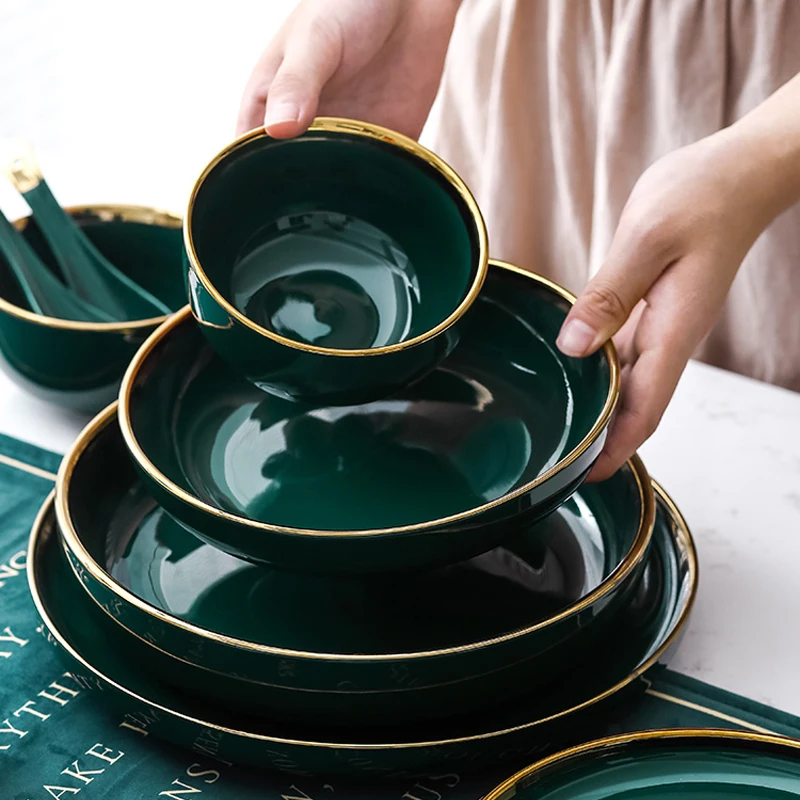Green Ceramic Gold Inlay Plate Steak Food Plate Nordic Style Tableware Bowl Dessert Dish  Dinner Dish Dinnerware Set
