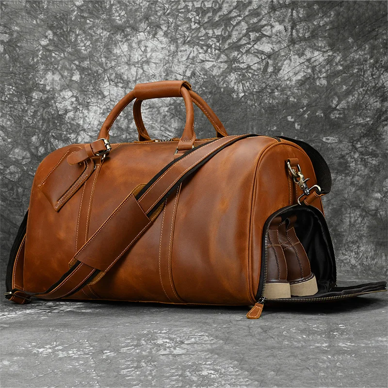 Men Retro Genuine Leather Duffle Bag With Shoes Pocket Full Grain Vintage Crazy Horse Leather Travel Bag 20Inch Weekender Duffel