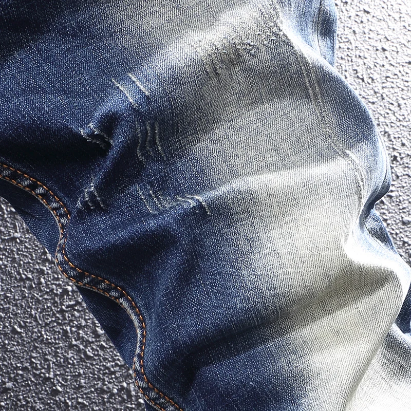 Итальянский стиль модные мужские джинсы потертые синие эластичные облегающие