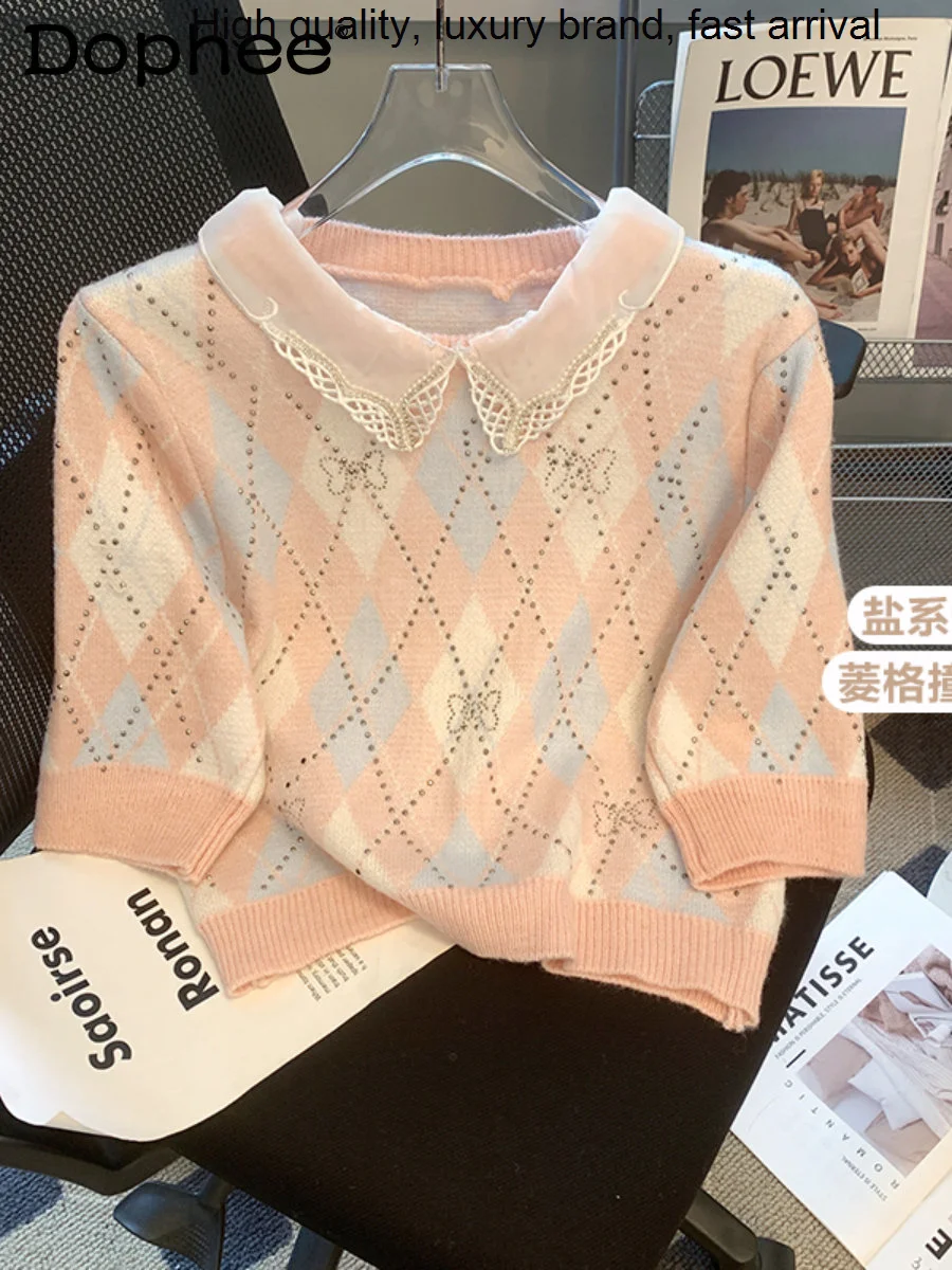 

Contrast Vintage Rhombus Color Knitted Top Women 2023 Spring Summer New Short Sleeves Pullover Sweater Vest Outer Wear