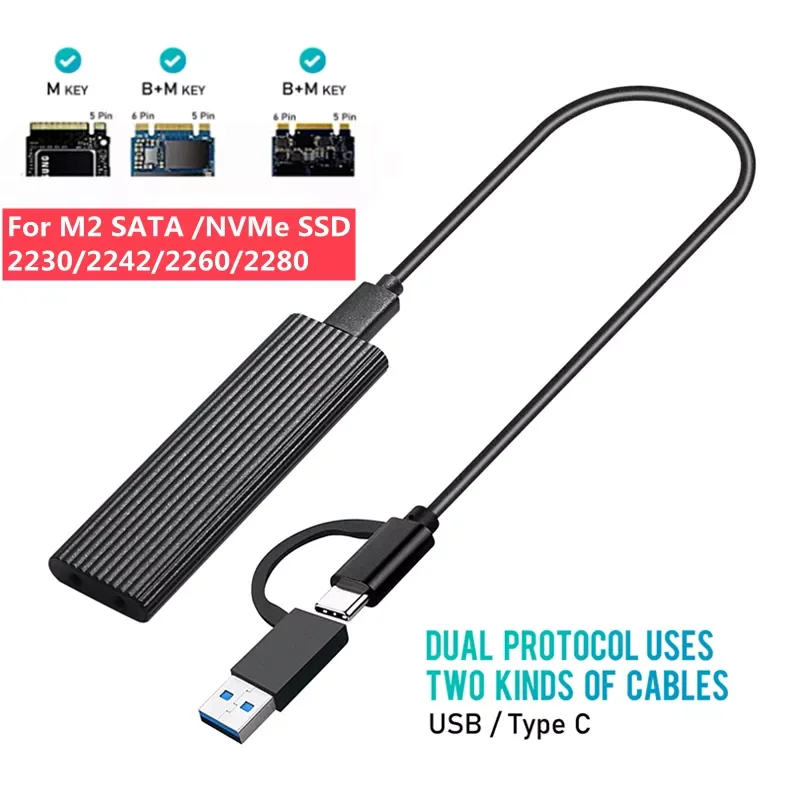 

Чехол для M2 NVMe NGFF SATA SSD, чехол с двойным протоколом 10 Гбит/с, жесткий диск M.2 NVME SSD на USB 3,1, кабель Type-A-Type-C для M.2 SSD