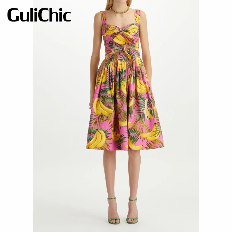 

4.9 GuliChic Fashion Elegant Cotton Shoulder Strap Sweetheart Neck Banana Print Pattern Bow Slim Smocked Dress Women