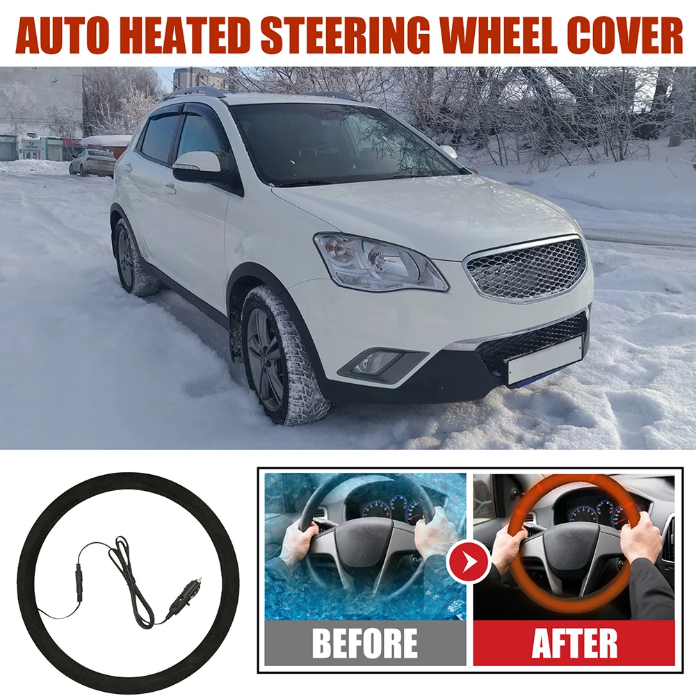 

1pcs Car Heated Steering Wheel Cover With Lighter Plug Electric Warmer Winter 38cm General Accessories DC 12V Black 38cm/15inch