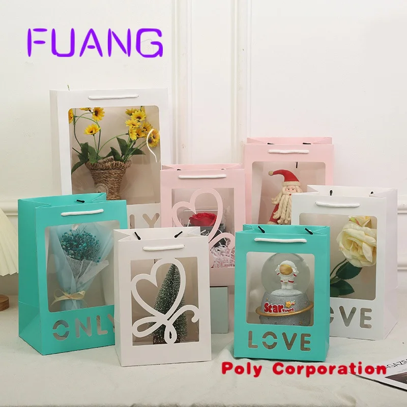 wholesale 2023 Valentine's Day love Flower Florist Bouquet Square Packaging bag Gift Bag With window