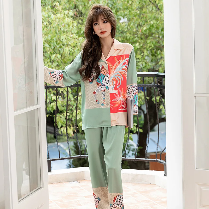 New Women's Pajamas Set Plant Cartoon Print Homewear  High Quality Sleepwear Elegant Nightwear Femme Leisure Home Clothes