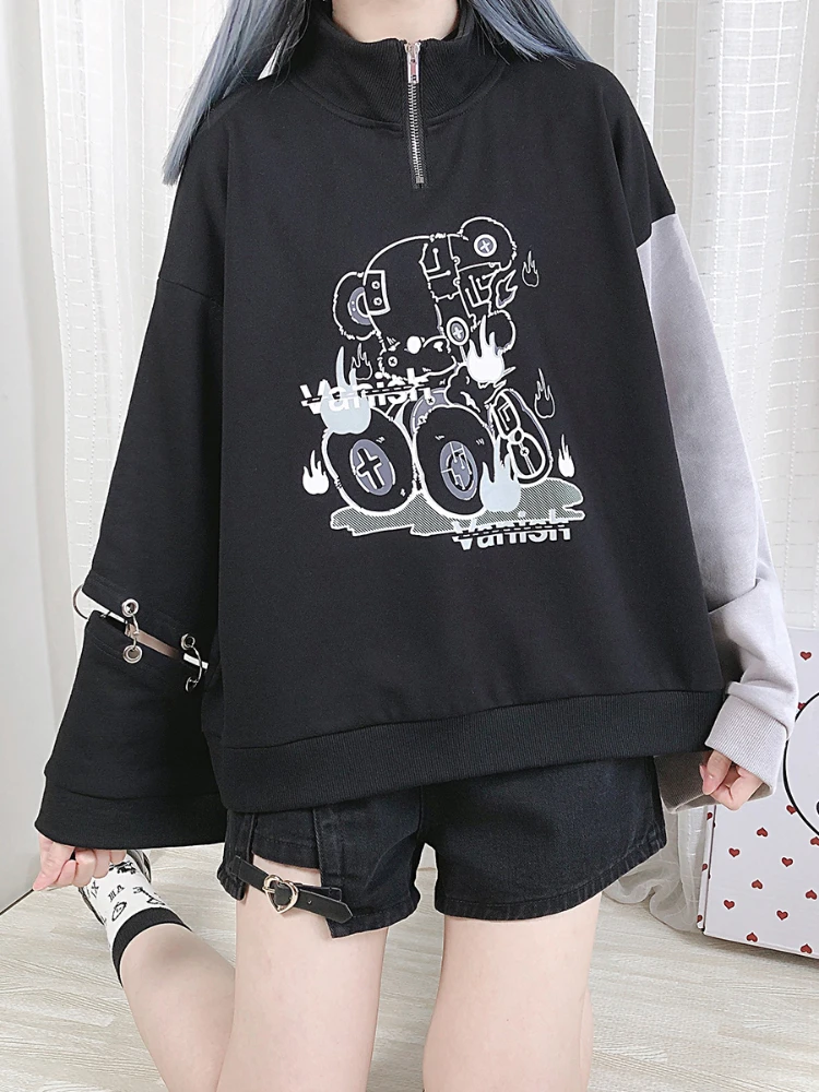 

Harajuku Vintage Y2k Clothes Patchwork Cartoon Print Punk Gothic Turn Down Collar Sudaderas Contrast Color Japanese Sweatshirts