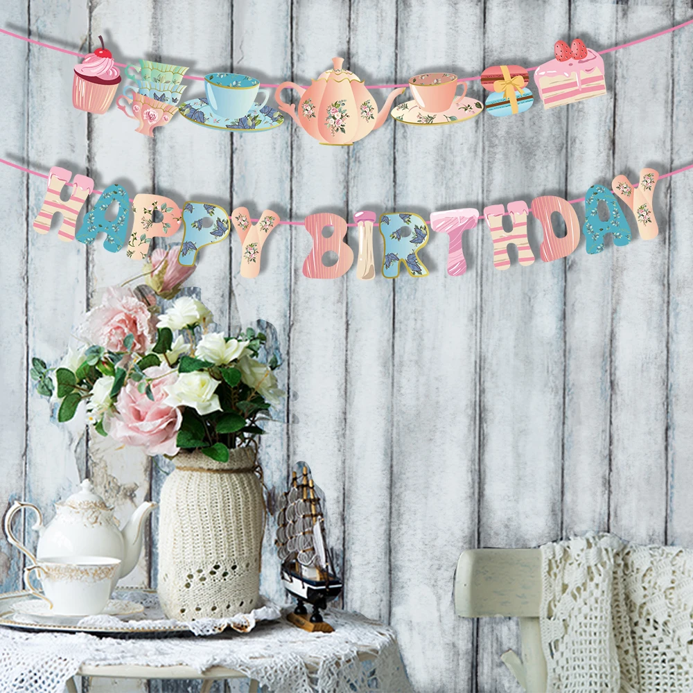 

Romantic Afternoon Tea Teapot Flowers Rose HAPPY BIRTHDAY Party Wall Hanging Banner Bunting Flags Baby Shower Party Favors