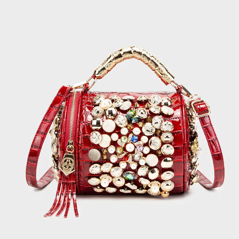 

2022 New Portable Cylinder Shoulder Bag Pearl Beading Handbag Solid Color Diamond Bag Shoulder Crossbody Small Bag for Women
