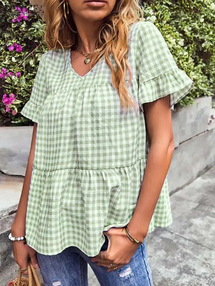 

Летняя стильная клетчатая рубашка ZANZEA в клетку, женская блузка с V-образным вырезом и коротким рукавом, повседневные праздничные топы, повсе...
