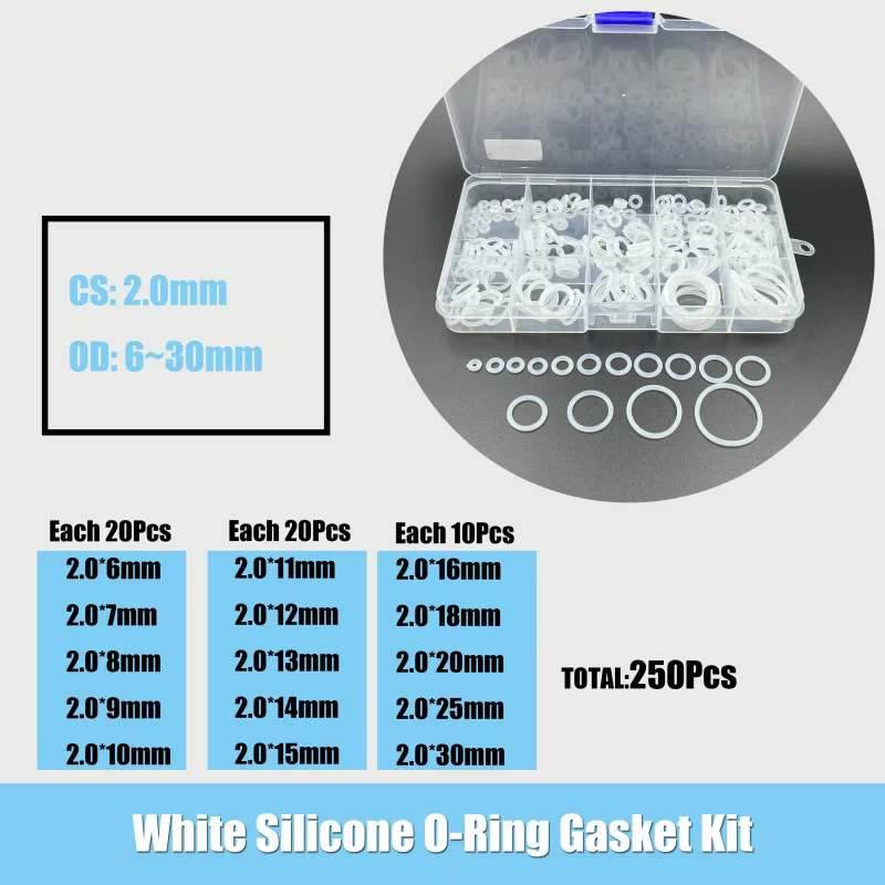 

VMQ Белое силиконовое уплотнительное кольцо, толщина 1,5/2,0/2,4/3,1, износостойкое, водонепроницаемое, термостойкое, силиконовое уплотнение, набор уплотнений